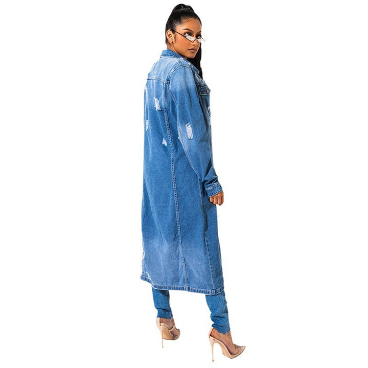 Dame lang Denim-frakke med modige Destroyed-detaljer Stilla