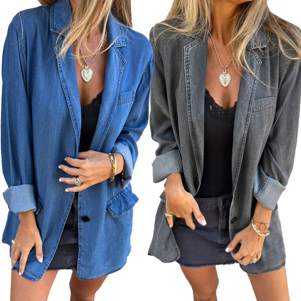 Dame afslappet Denim-blazerjakke med elegante detaljer og løs pasform Stilla