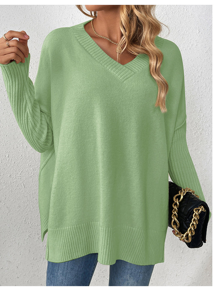 Dame afslappet sweater med dyb V-udskæring og struktureret ribdesign Stilla