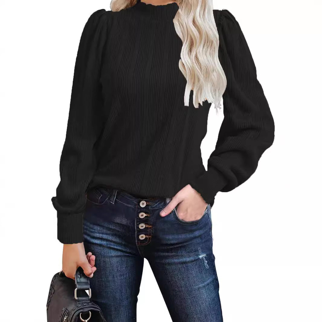 Dame trendy ribstrik-top med puffærmer Stilla