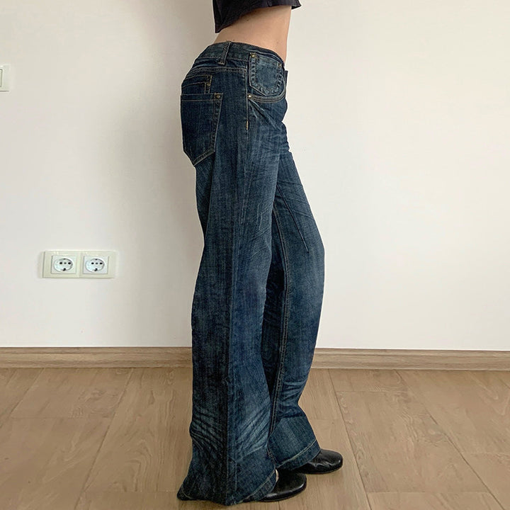 Damer brede jeans i vintage-stil med høj talje og mode syninger Skovae