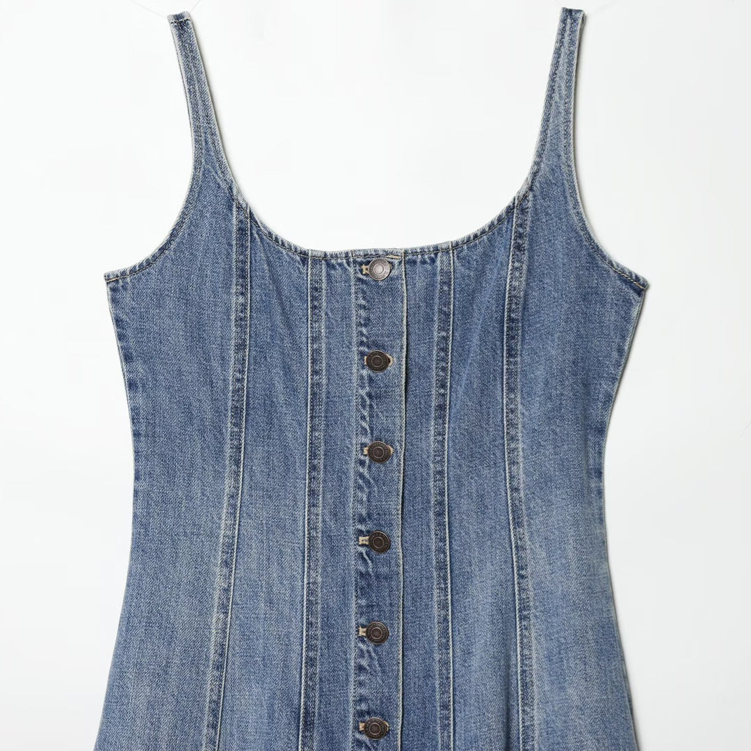 Dame Jeans Maxikjole med knaplukning og svingende kant Skovae