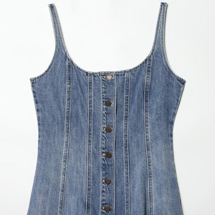 Dame Jeans Maxikjole med knaplukning og svingende kant Skovae