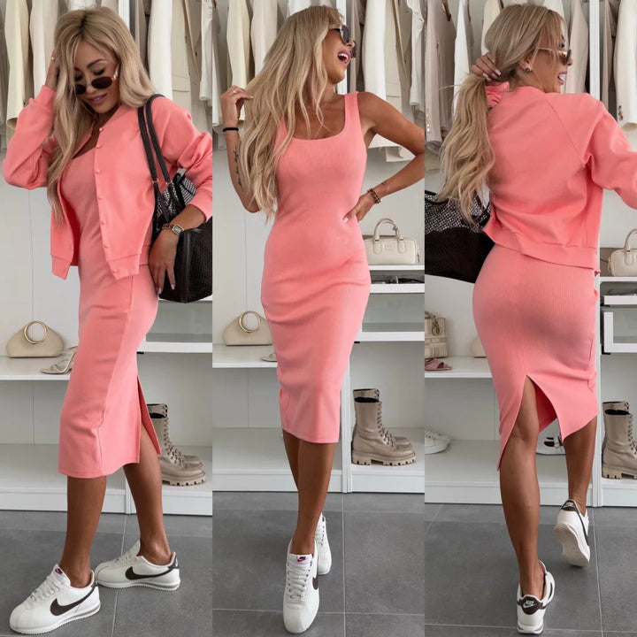 Kvinders strikkjole og bomberjakke sæt