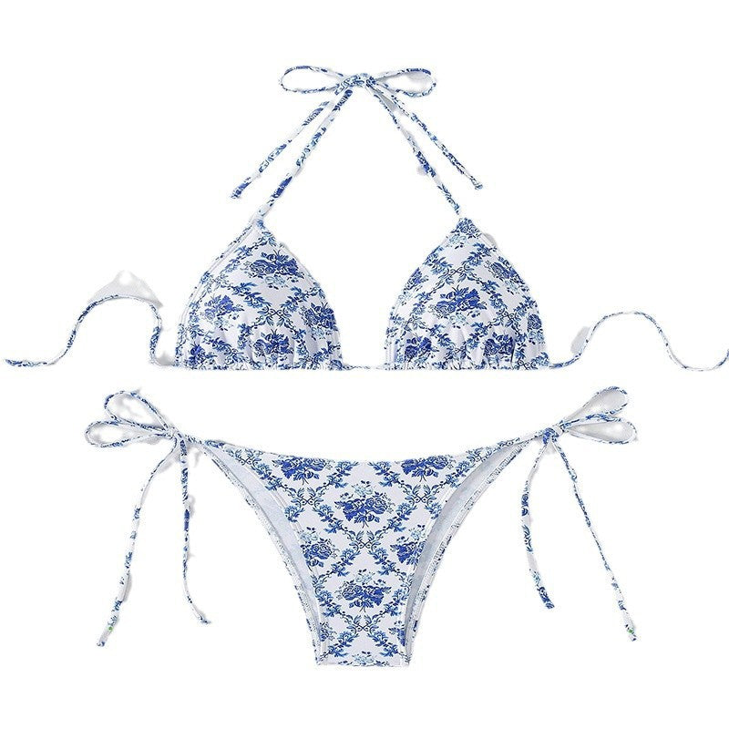 Dame triangel-bikini med spændende bindebånd og blomsteragtige accenter Skovae