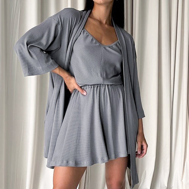 Dame Lounge-kjole med åben kimono og elastisk talje Stilla