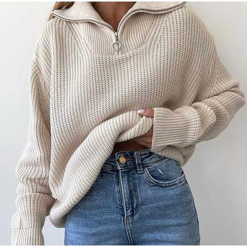 Kvindernes oversized strikket sweater med høj hals og lynlås Stilla