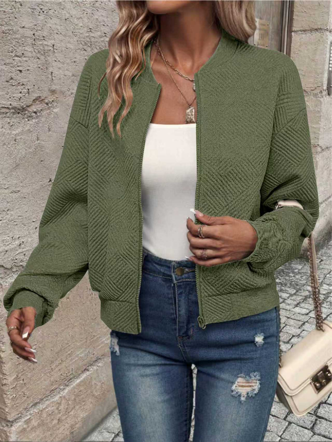Dame moderigtig sweatjakke med tekstureret design og lynlås Stilla