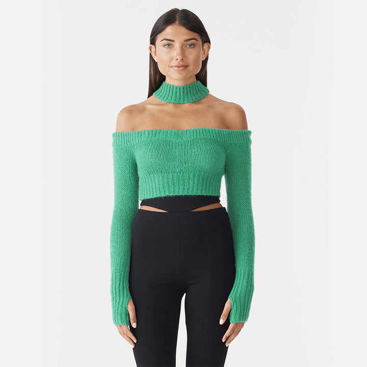 Dame Off-Shoulder Strikpullover med lange ærmer og Cropped-snit Stilla