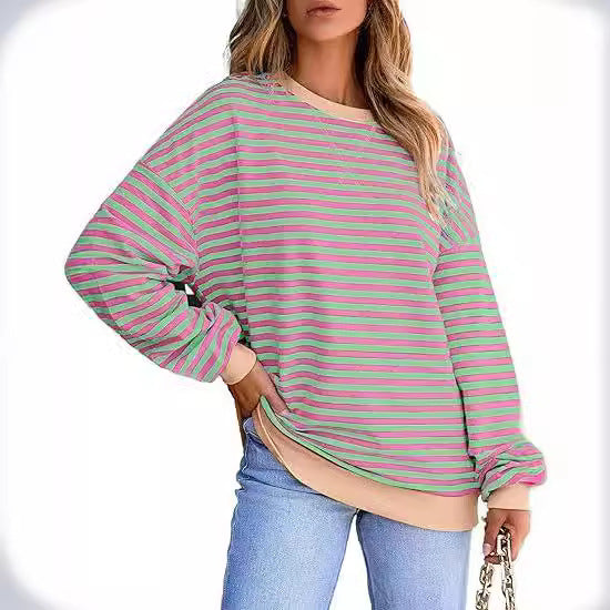 Dame stribet sweatshirt med farvematchende kant og afslappet snit Stilla