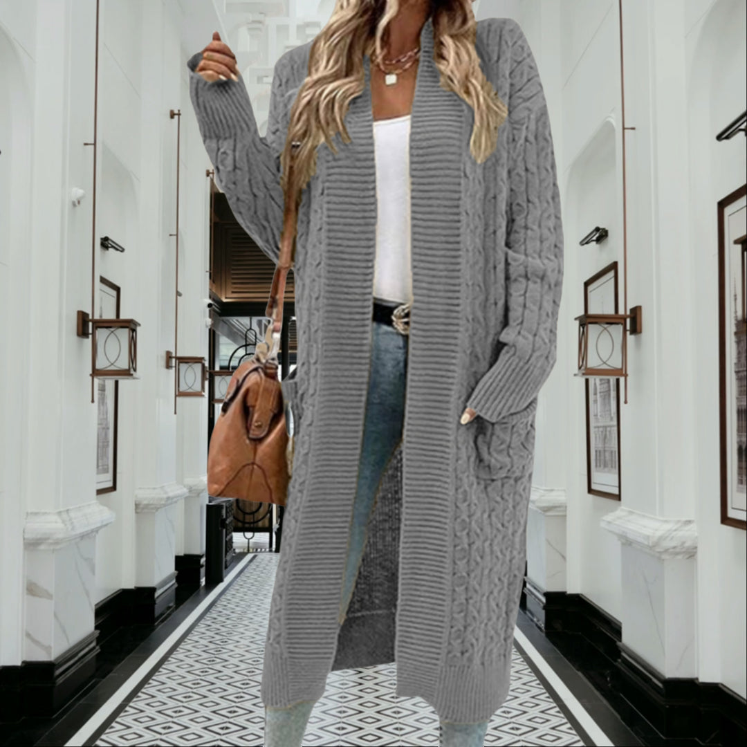 Kvinders chunky strik cardigan med åben design og praktiske lommer Stilla