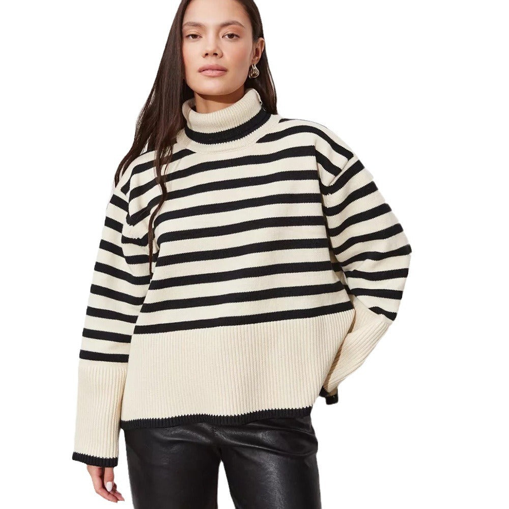 Kvinders chunky strikpullover med høj krave og Breton striber Stilla
