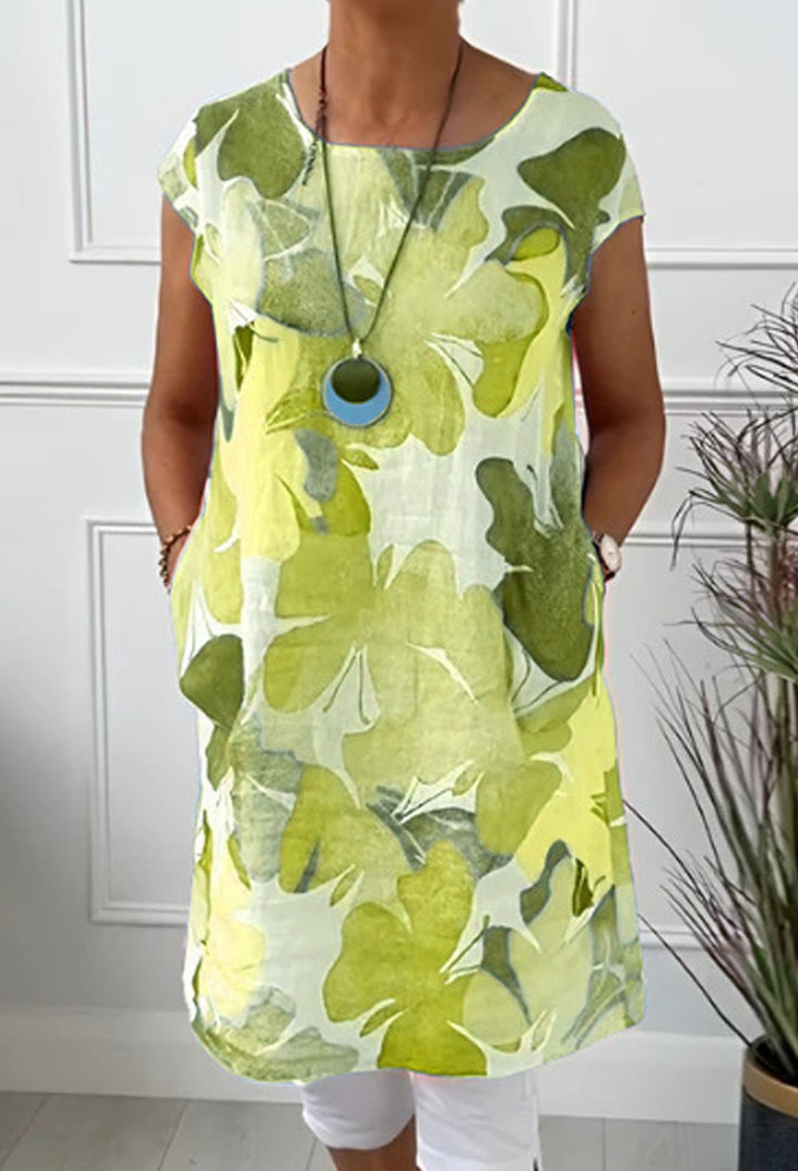 Dame nan let tunika-midi kjole lavet af linnedmix med akvarelblomsterprint og sidelommer Skovae
