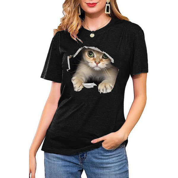 Dame T-shirt med kreativ kattemotiv og struktureret pasform Stilla