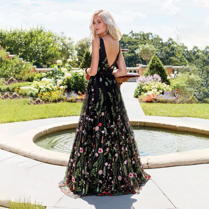 Dame Maxi Kjole med blomster Tulle og dyb V-Udskæring Stilla