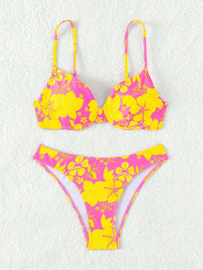 Dame polstret trekant-bikini med blomstermotiv og justerbare stropper Skovae