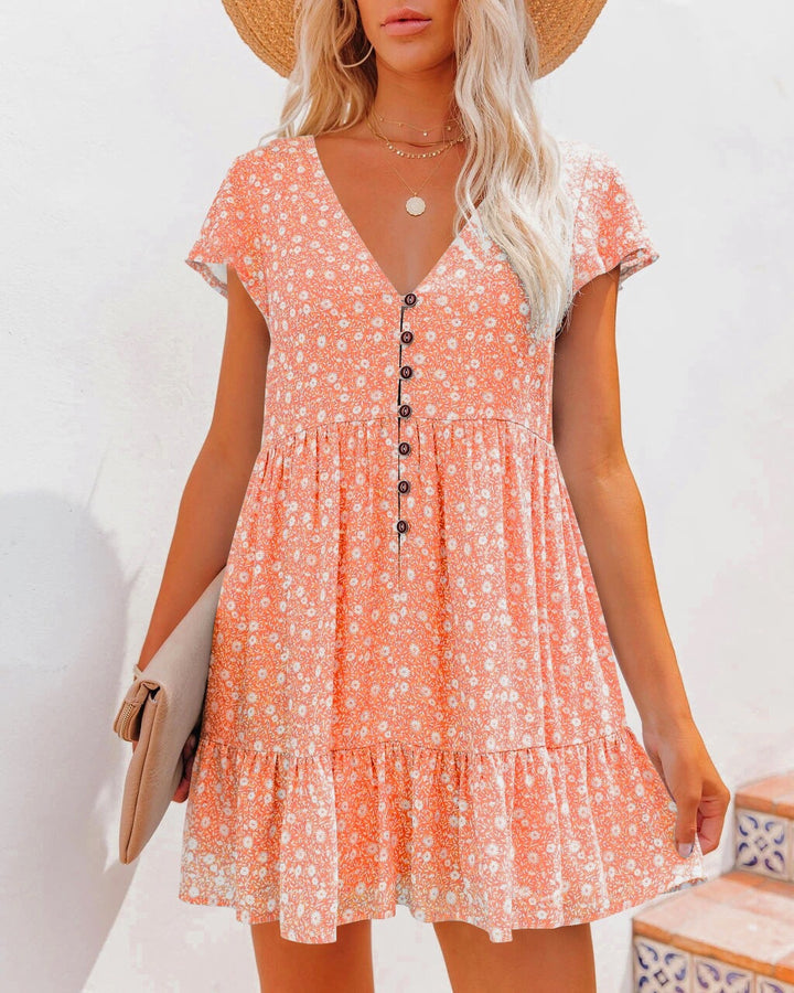 Dame blomsterprint knap-ned mini kjole Stilla