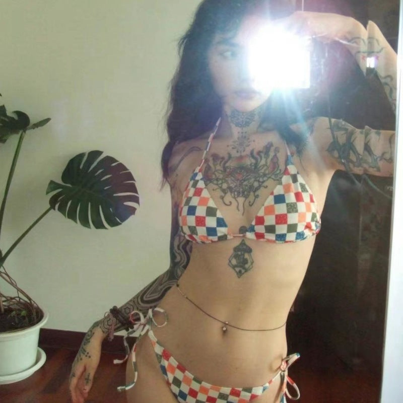 Dame Skakbræt mønster Triangle Bikini Sæt med justerbare bånd Stilla