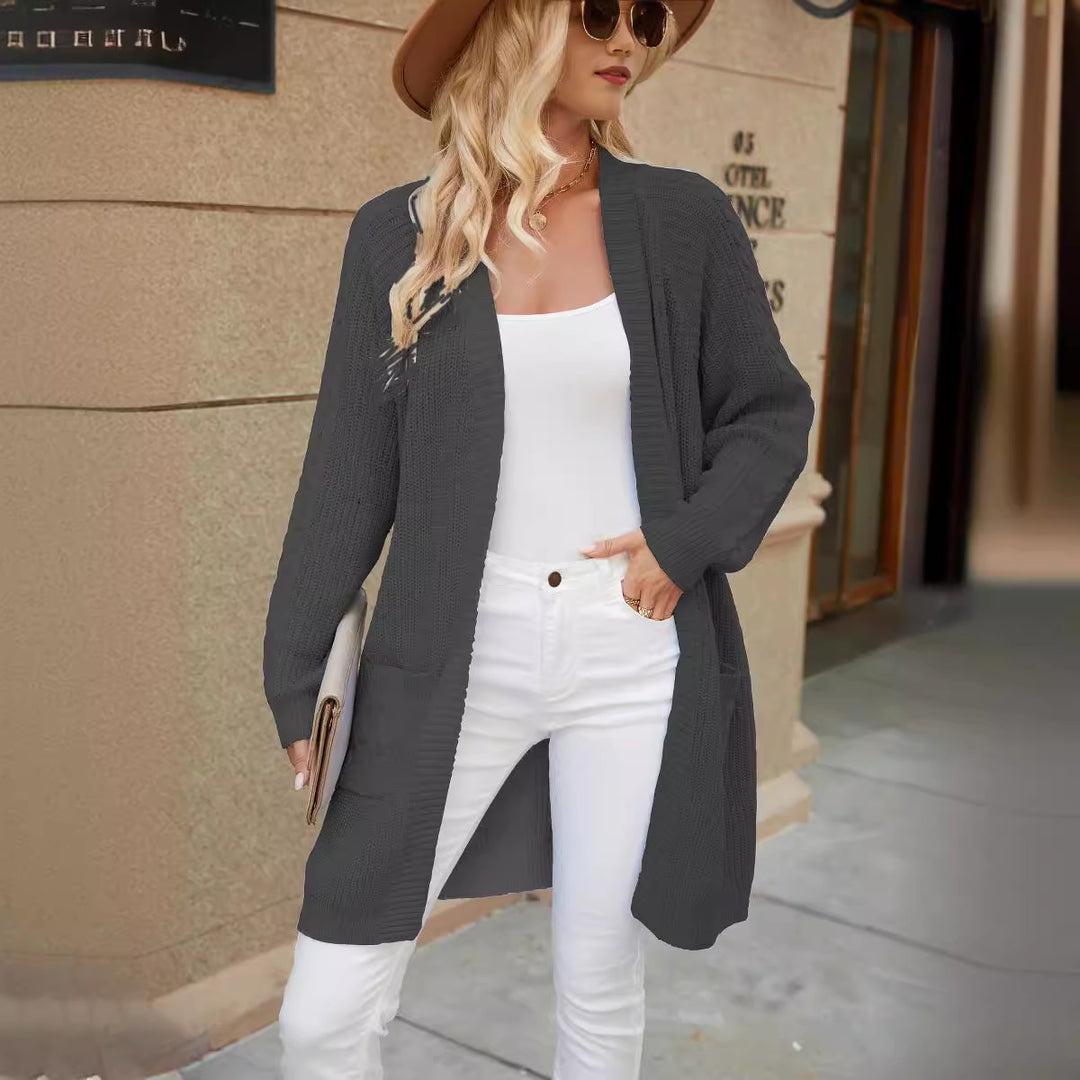 Femme Kabelstrik Åben-Front Cardigan med Lommer Stilla