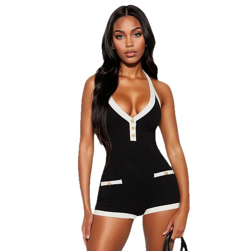 Dame Playsuit med dyb V-hals og dekorative knapdetaljer Skovae