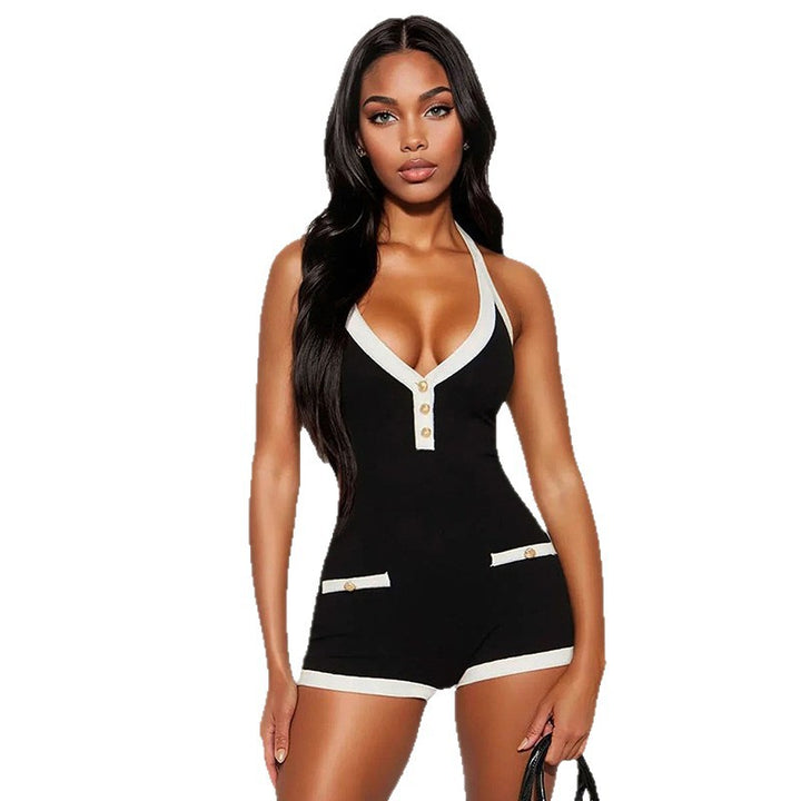 Dame Playsuit med dyb V-hals og dekorative knapdetaljer Skovae