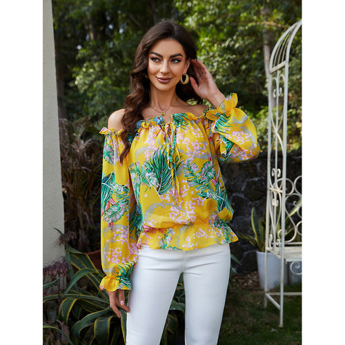 Damer off-shoulder bluse med blomsterdesign og flæsedetaljer Stilla