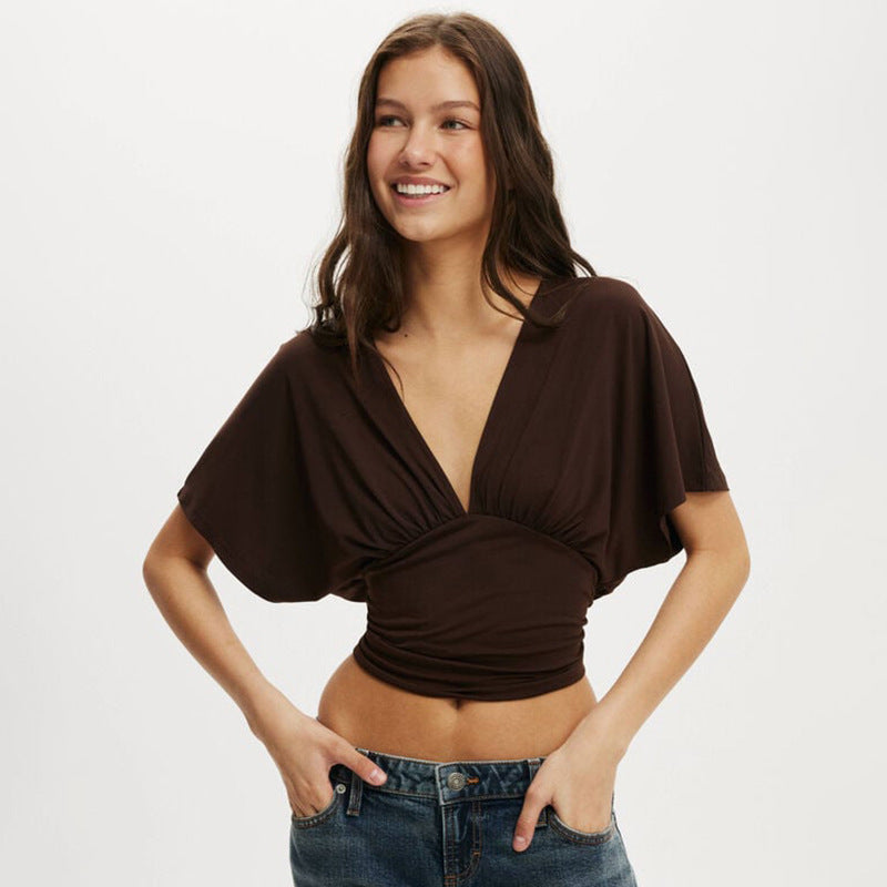 Damen elegantes Wickeloberteil mit voluminösenÄrmeln und tiefem V-Ausschnitt Skovae