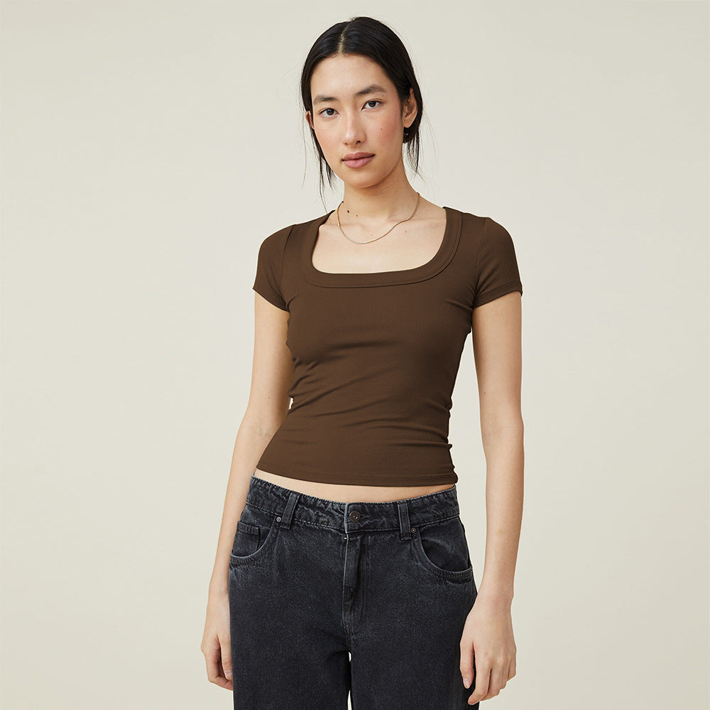Dame Crop-top med firkantet udskæring og fin ribstruktur Stilla
