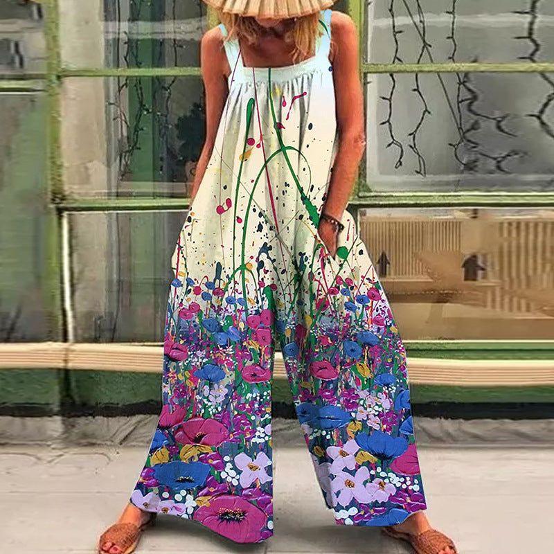 Dame Størrelse Jumpsuit med Blomster Mønster og Praktiske Lommer Skovae