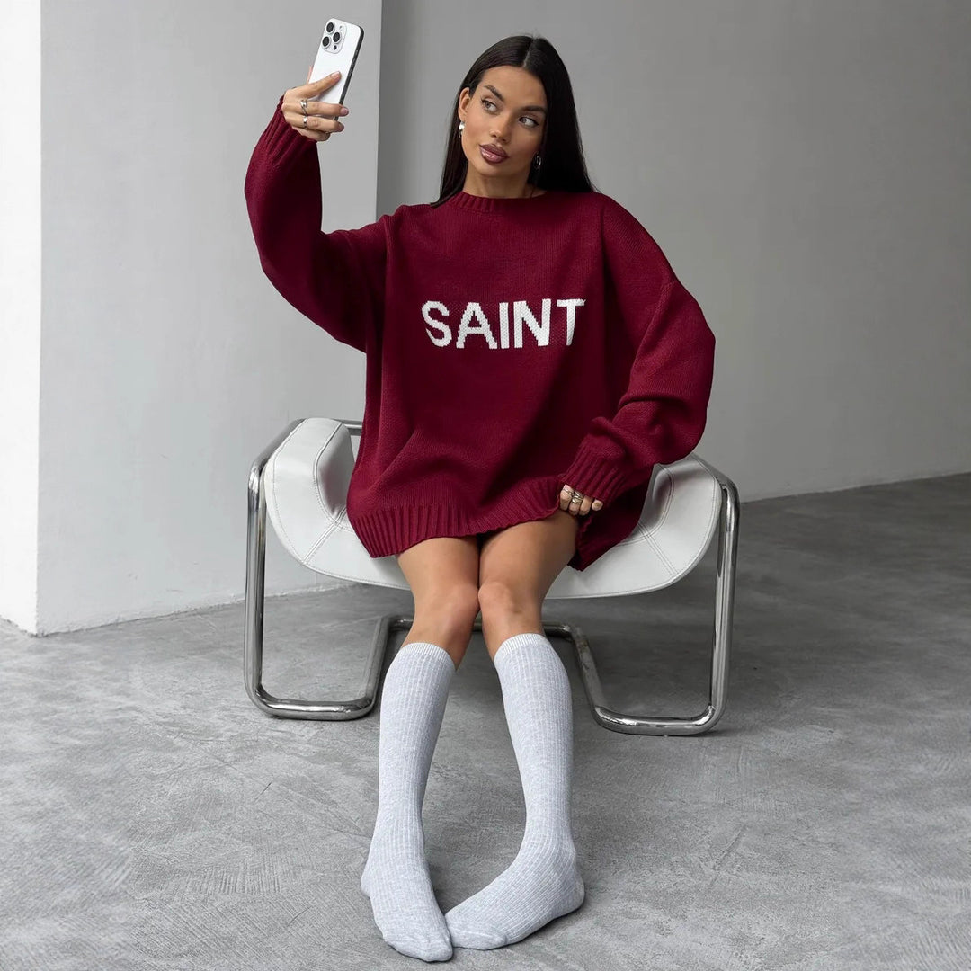 Kvinder Oversized Strik Sweater med Kreativ Skrift Stilla