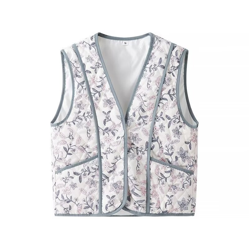Kvinder Quiltet Vest med blomstertryk og praktiske lommer Stilla