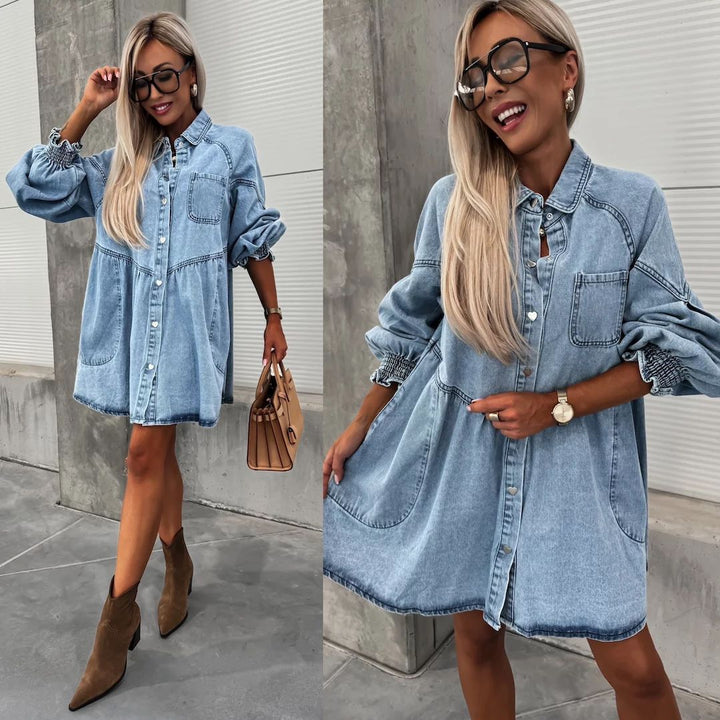 Kvindernes denim skjorte kjole med voluminøse ærmer Stilla