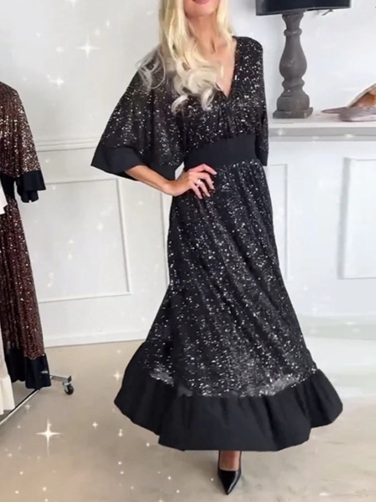 Dame glitrende maxikjole i elegant A-linje snit med voluminøse ærmer Stilla