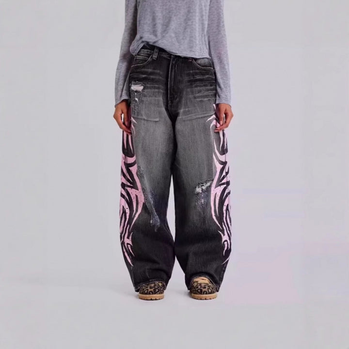 Dame distressed løs denim jeans med grafik Stilla