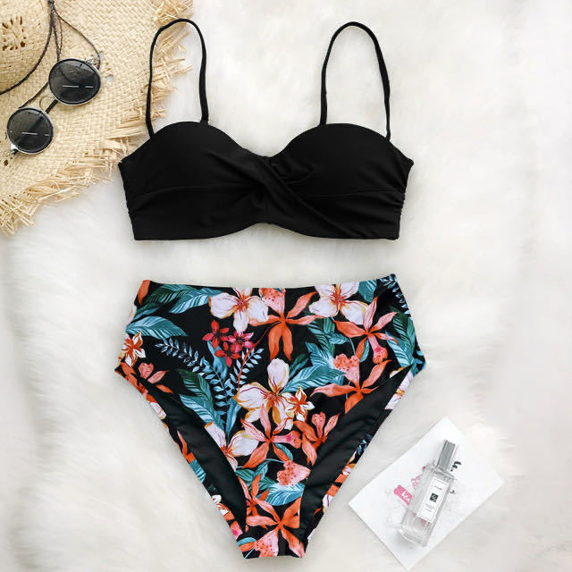 Dame Højtaljet Bikini-Sæt med Rynker og Blomsterdesign Skovae