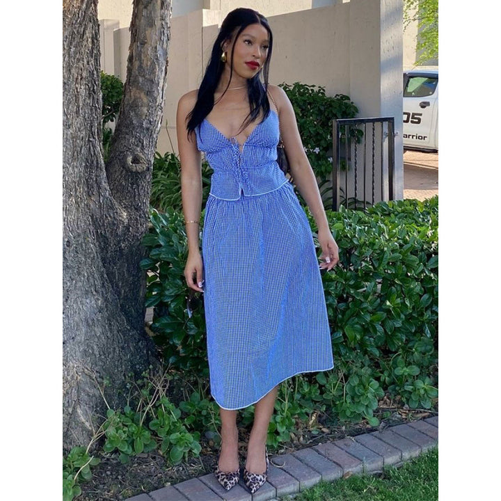 Damen Sommerliches Maxikleid mit V-Ausschnitt und Gingham-Muster Skovae