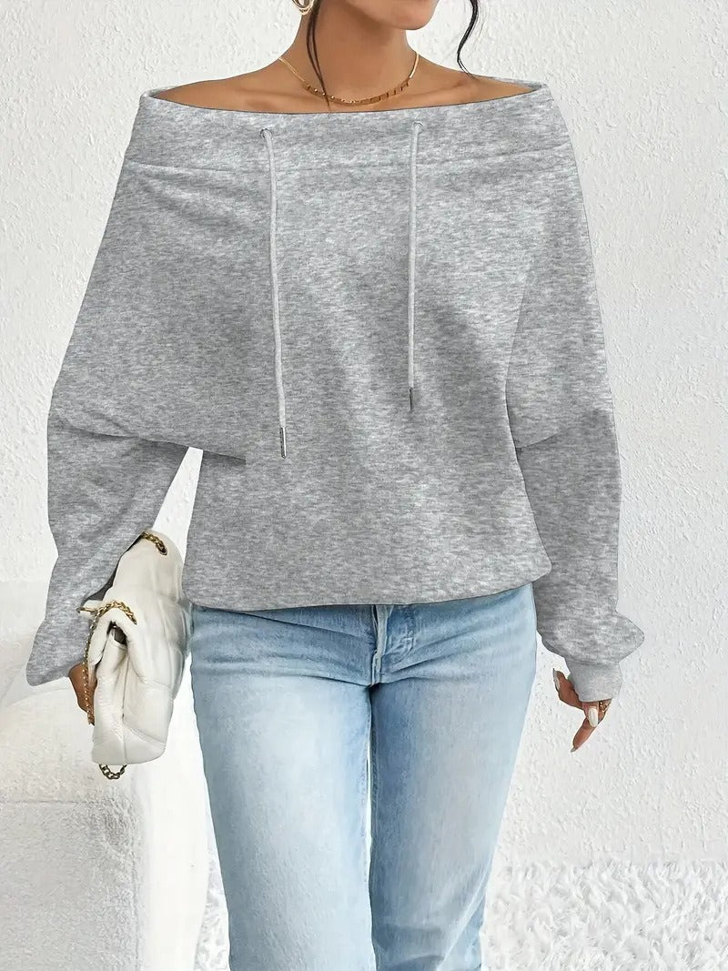 Kvinders afslappede oversized pullover med åben krave og praktiske snore
