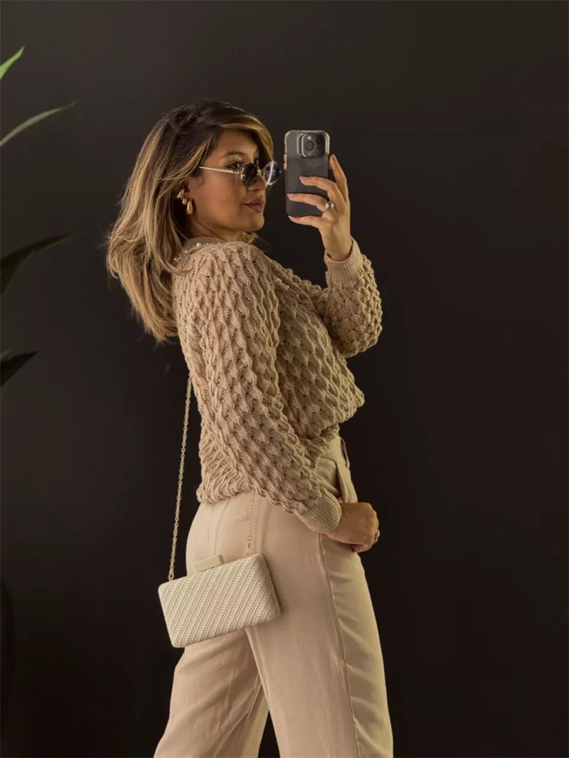Dame Grovstrikpullover med elegant knappeliste Stilla