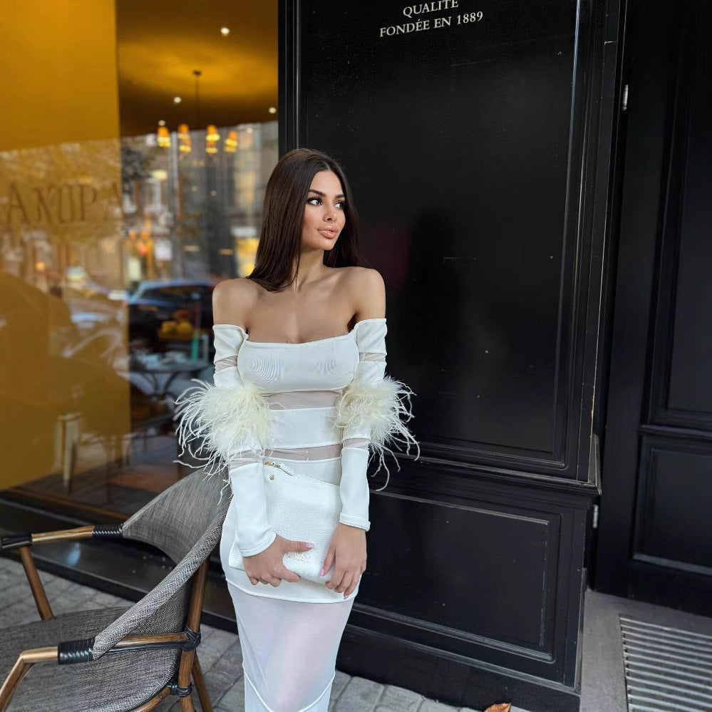 Dame Elegant kjole med transparente indlæg og fjerprydede ærmer Skovae