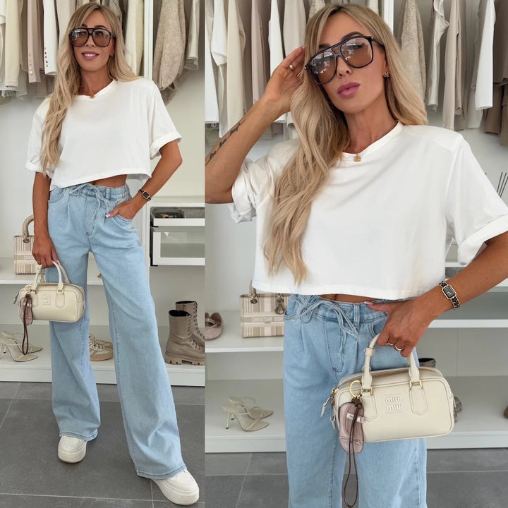 Kvinders casual cropped T-shirt med brede ærmer og materiale af høj kvalitet