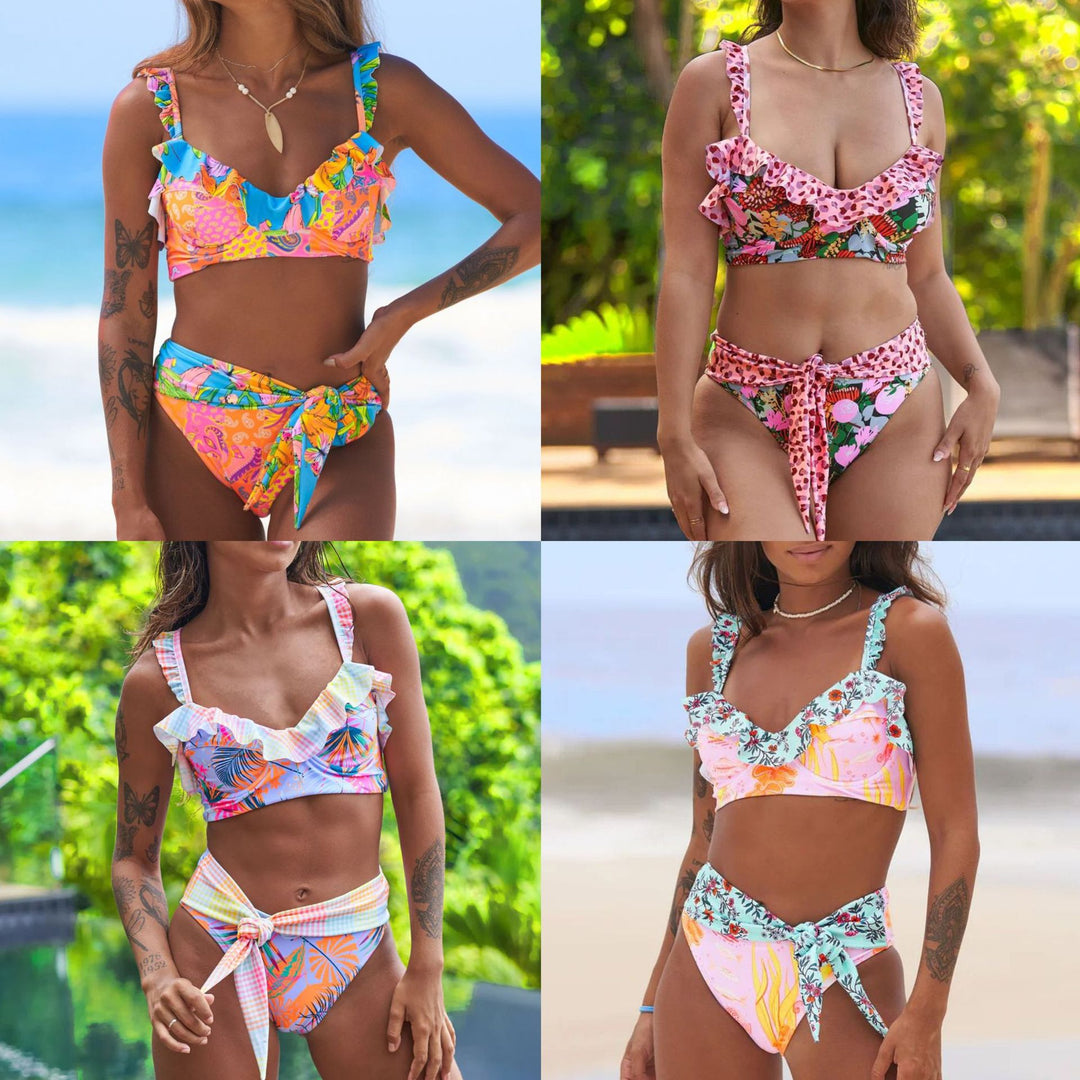 Dame bikini-sæt med livligt flæse-design og elegant knude Stilla
