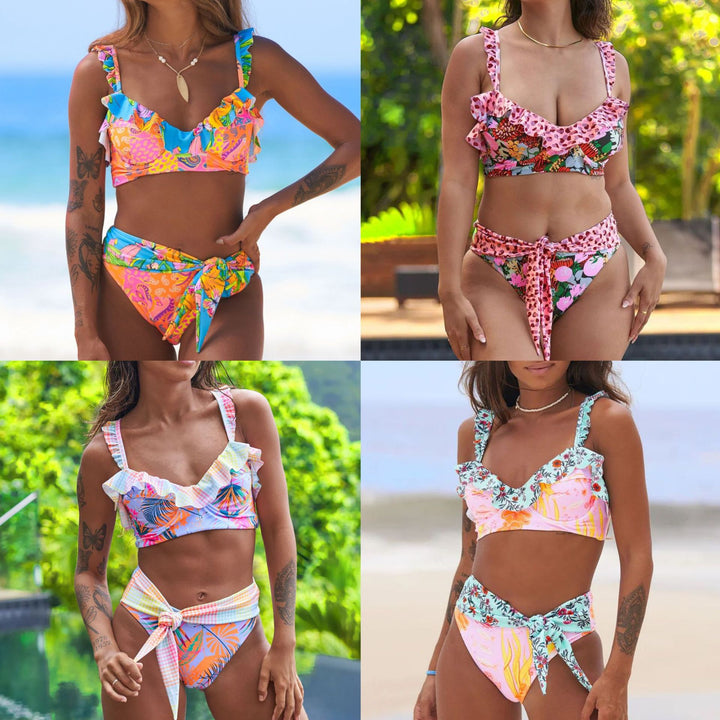 Dame bikini-sæt med livligt flæse-design og elegant knude Stilla