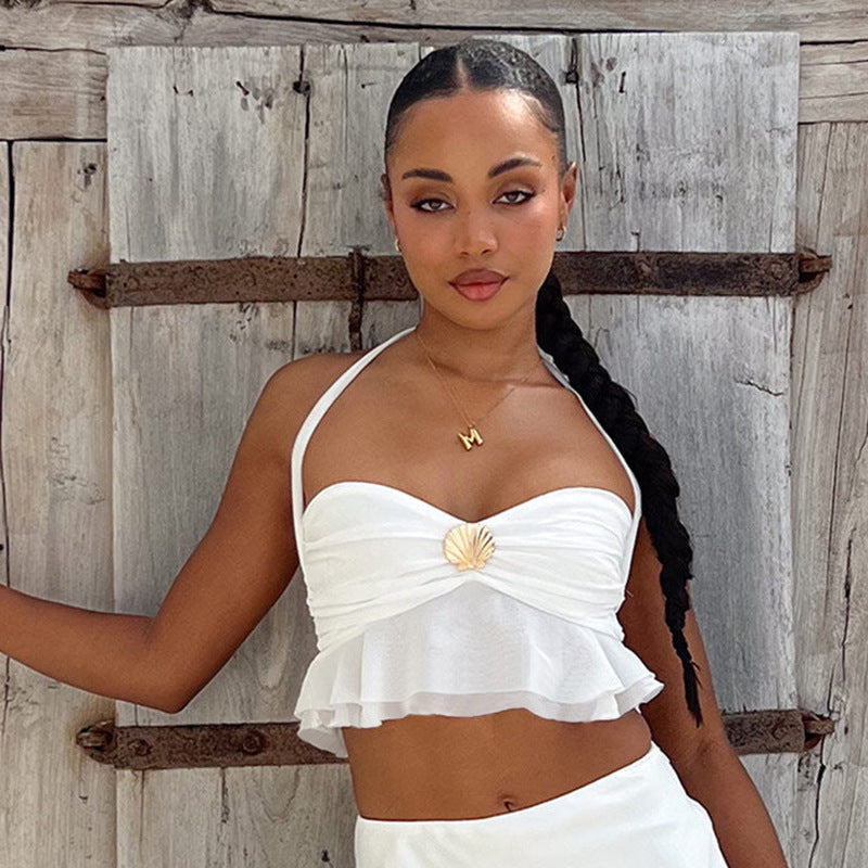 Dame sommerbluse i vintage-stil med flæser Stilla