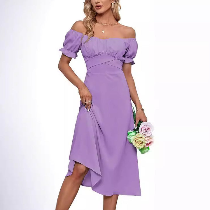 Dame off-shoulder midikjole med puffærmer og asymmetrisk kant Stilla