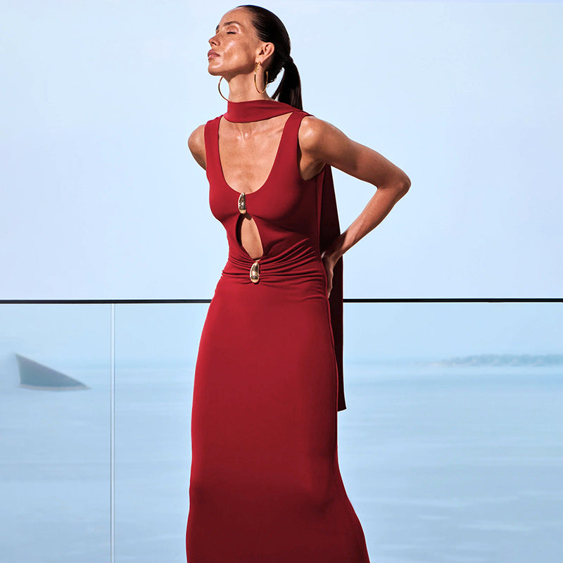 Dame Elegante Cut-Out Maxi Kjole med Choker Detalje Stilla