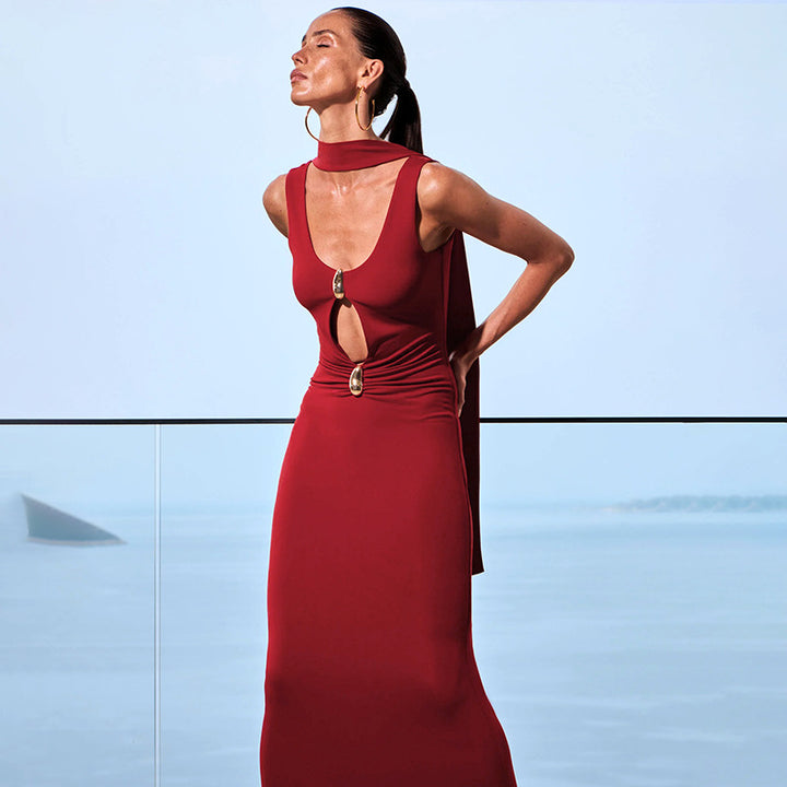 Dame Elegante Cut-Out Maxi Kjole med Choker Detalje Stilla