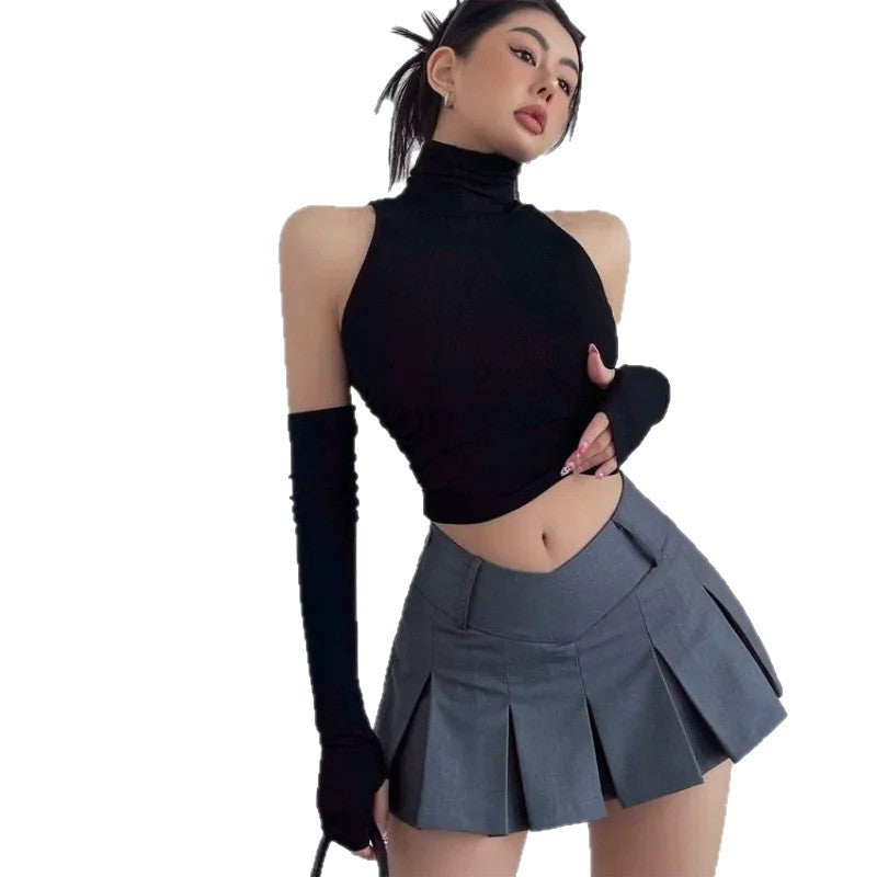 Dame Langærmet Crop-Top med høj krave og tætsiddende snit Skovae