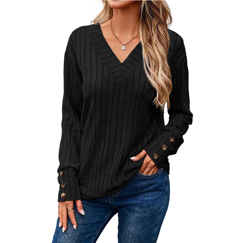 Dame afslappet V-hals sweater med fine striber Stilla