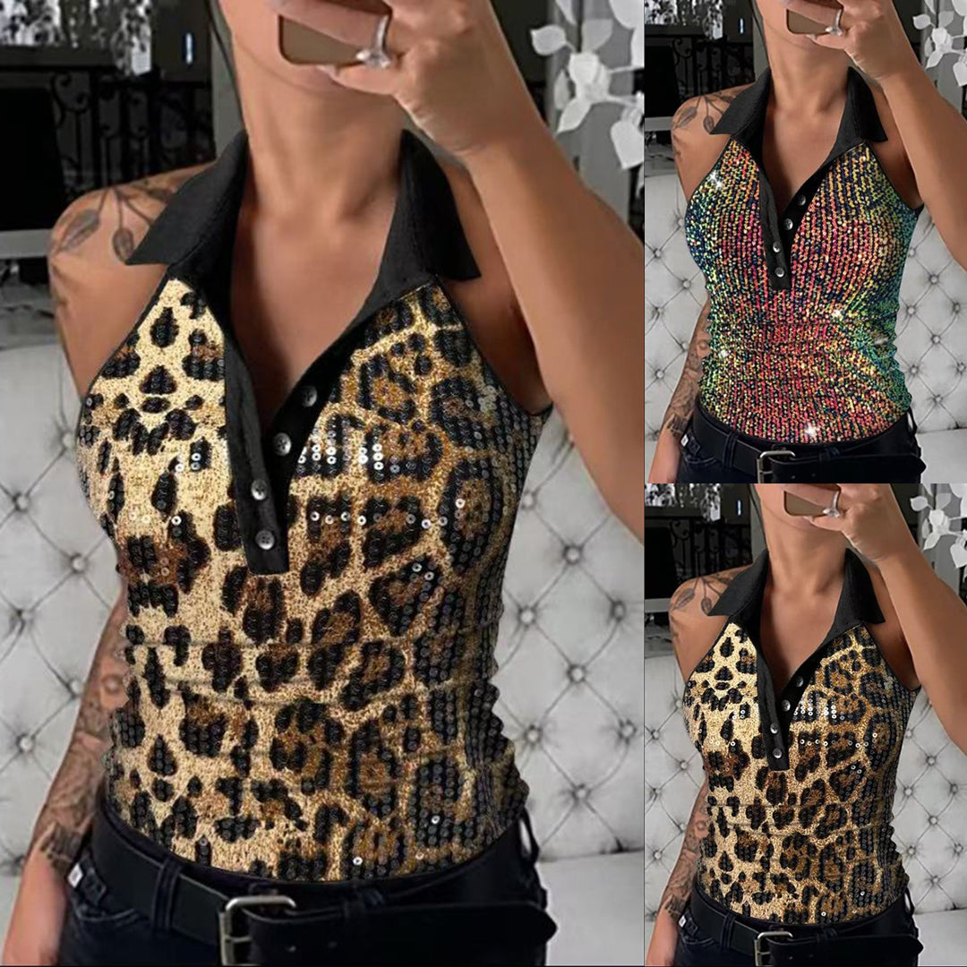 Dame Glamourøst Top med Dyreprint og Pailletten Stilla