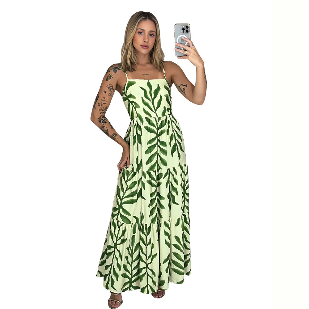 Dame lagdelt blomsterkjole maxi med justerbare spaghetti stropper Stilla